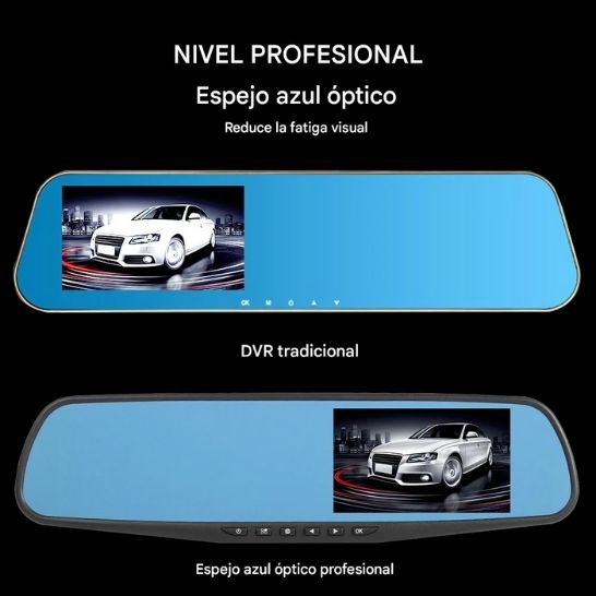 Dashcam - Cámara para Auto con Espejo Retrovisor 360°, Doble Lente, Pantalla IPS 4.3