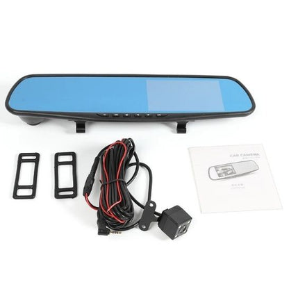 Dashcam - Cámara para Auto con Espejo Retrovisor 360°, Doble Lente, Pantalla IPS 4.3